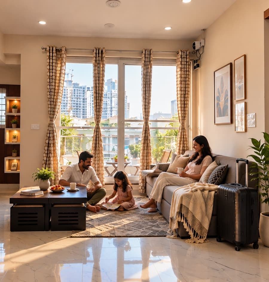 A family relaxing in a bright, modern ANI serviced apartment